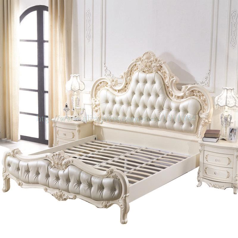 French Luxury Leather Double Bed 1.8 m wood marriage Bed simple