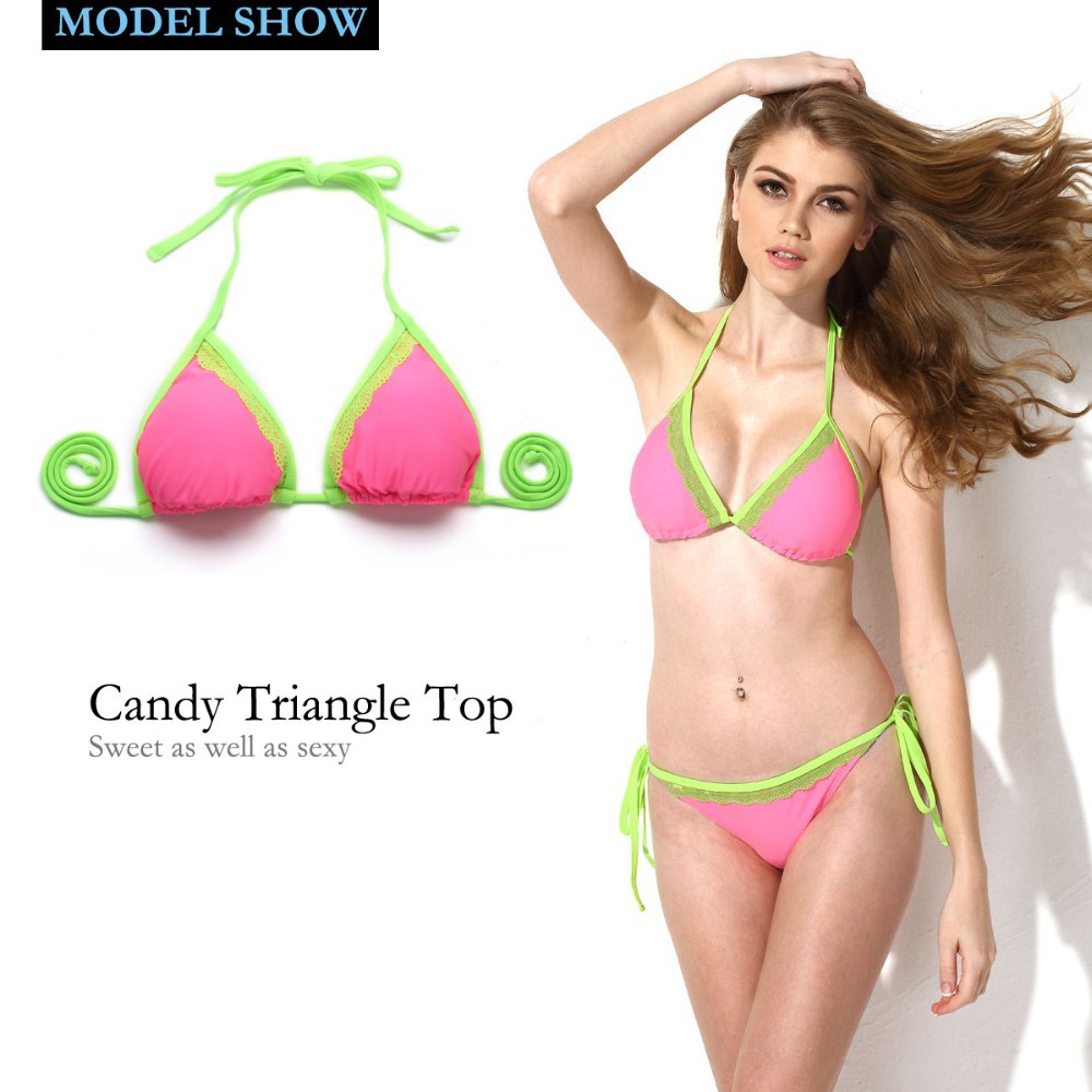 CA151002-104 Colloyes Ladies Newest Sexy Pink + Green Lace Triangle Top + Classic Cut Bottom Bikini Swimwear Lovely Candy Triangl Bikini Suit (4)