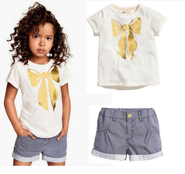 2014 New baby girl suit white short sleeve yellow bow print t shirt + stripe shorts 2pcs set kids girls clothing set 6set/lot