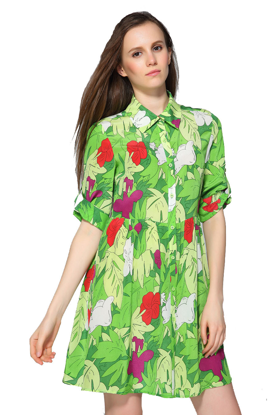 Free Shipping 2015 New Arrival Stunning Green Leaves Printed 100% Silk Dress Women's Dress 150421XD03