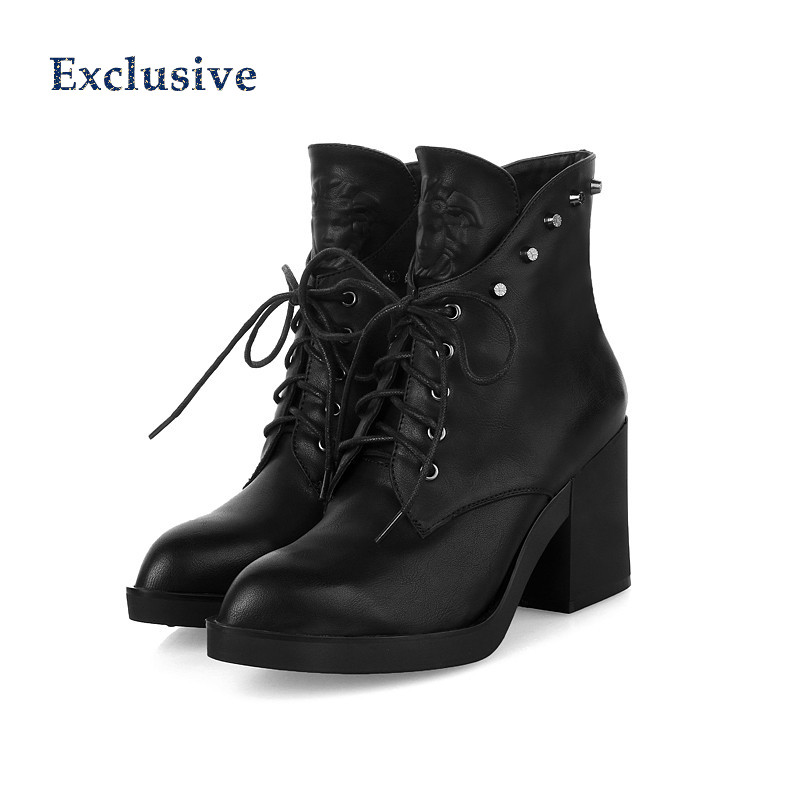 Woman Thick With Ankle Boots Winter Short Plush Pointed Toe Shoe Black Brown Gray Cross lacing Rivets Thick With Boots 32cm-43cm