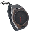 2016 Hot Marketing Mens Fashion black Leather Bamboo Wooden Watches Analog Quartz Wrist Watch with box