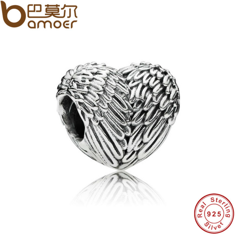 PAS033 HEART SILVER CHARM WITH ANGEL WING DETAIL