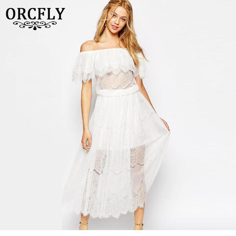 Orcfly Robe Longue Femme Bohemian Clothing White Dresses For Women Elegant Boho Lace Off Shoulder Long Maxi Dress Summer 60159