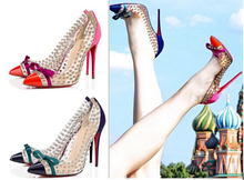 2015 Hot Selling Women Spiked Pigalle Red Bottom Point Toe Pantent Leather High Heels Women Bowtie Transparent Pumps Shoes Woman