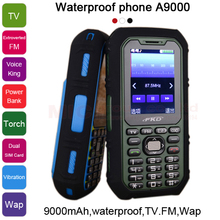 9000mAh long standby power bank torch TV FM voice king Vibration Dual SIM cards waterproof cell mobile phone A9000 P481