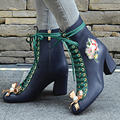 Big size 42 2015 autumn winter Boots women Flower embroidery luxury brand designer ankle shoes high