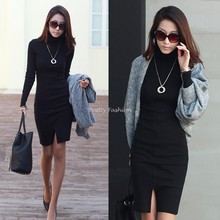 2015 Korean Women Long Sleeve Dresses Turtle Neck Elegant Knitted Sweater Dress Bodycon Elegant High Street Vestido Plus Size 51