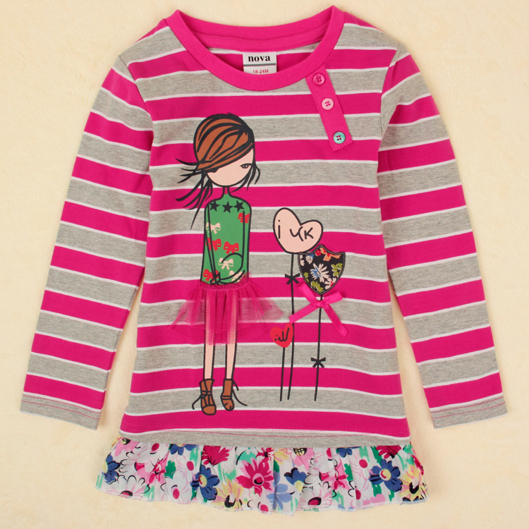 Cartoon  t shirt for girls Children t shirt printed lovely girl and striped  baby girls clothes baby & kids clothing F4846