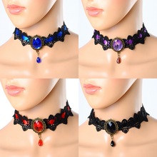 Fashion Women Retro Lace Faux Semi-precious Stone Gothic Collar Choker Necklace Jewelry 1PC