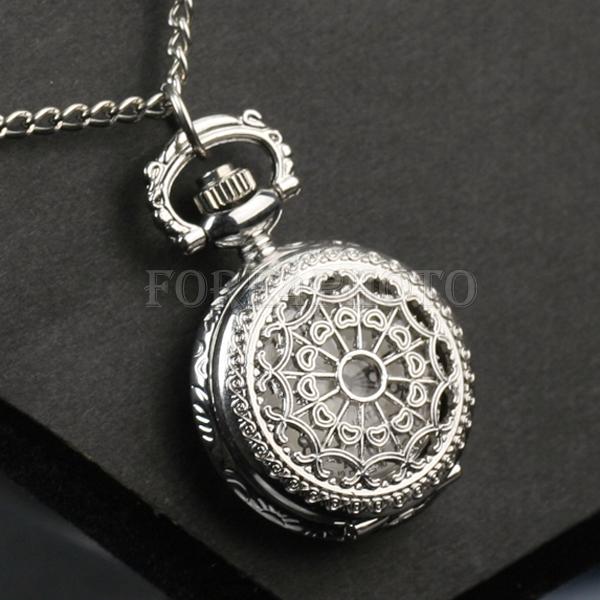 Antique Women Silver Tone Hollow Round Quartz Pocket Watch Necklace Chain New