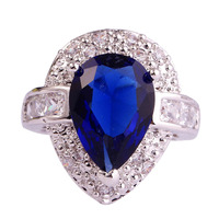 lingmei Wholesale Fashion Rings Pear Cut Sapphire Quartz & White Topaz 925 Silver Ring Size 6 7 8 9 10 Women Men Jewelry Gift