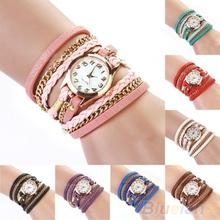 2014 mujeres relojes Weave Wrap remache de cuero colorida pulsera pulsera Vintage 0EOS