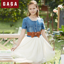 Girls Denim Dress 2016 New Summer Vestidos Celebrity Dresses Lace Short Sleeve With Bow Belt 8 – 16 Years Free Shipping