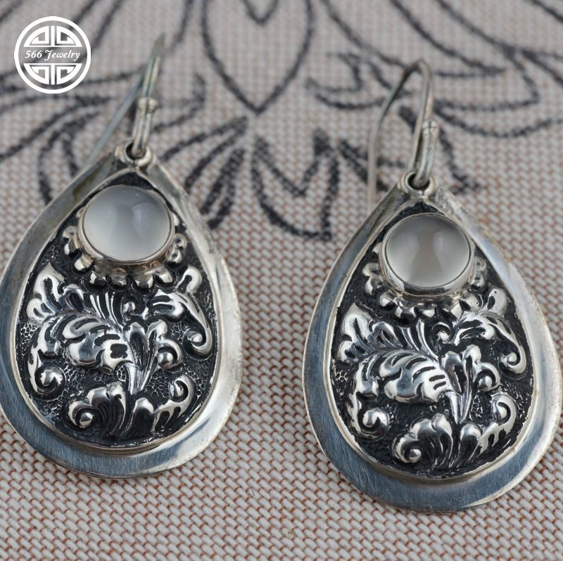 566 Ethnic Jewelry Retro High Quality 925 Sterling Silver Dangle Earrings Moon Stone Earring Women Vintage Accessories Ed012