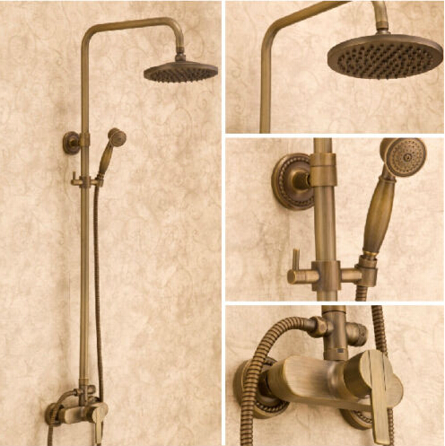 Wall Mounted Antique Brass Shower Set Bathroom Shower Faucet 8-in Shower Head With Ceramic Hand Shower