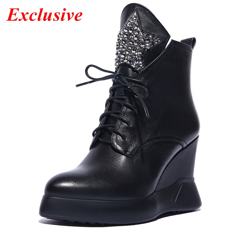 2015 Autumn Winter lacing Slope With Fashion Rhinestone Black Warm boots pumps Martin boots Comfortable Warm Winter boots 34-42