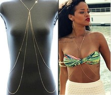2015 Rihanna Fashion Women Body Chain Double Cross Pendant Bikini Chain Gold Chain Necklace Jewelry Top Quality