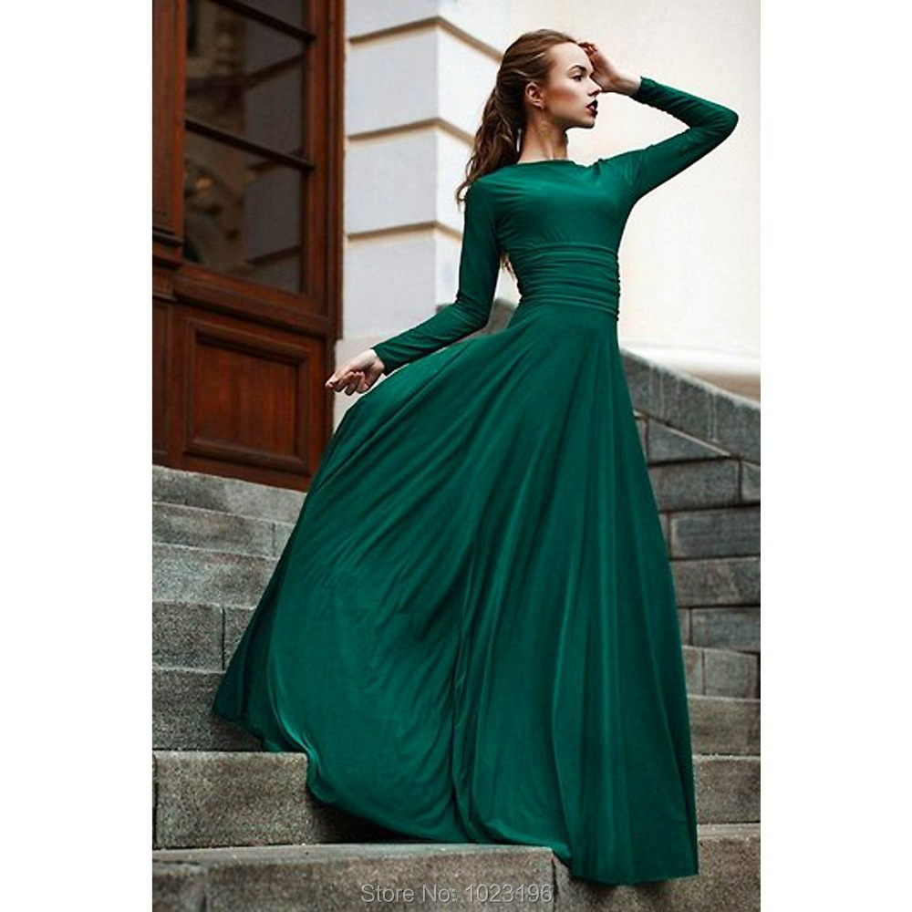 Vestido De Noite Longo Robe De Soiree 2015 Elegant Dark Green Evening Dresses Long Sleeve Formal 6284