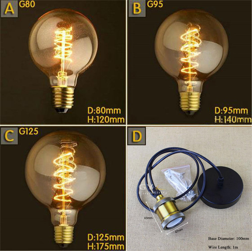 Vintage Spiral 40W E27 Incandescent Edison Globe Light Bulb G80 G95 G125 clear glass tungsten filament pendant light base holder