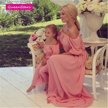 2016 Summer Family Matching Outfits Beach Maxi Long Dress Chiffon Women Kids Clothing Family Look Fitted Loose Off Shoulder