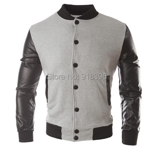 New Men 2015 Sweater PU Leather Collar Sweater Personalized Baseball Stitching Clothes Man Jacket Plus Size