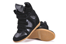 Isabel Marant Women Black Winter Plush Shoes Sneakers Height Increasing 8cm Fashion Sneakers Genuine Leather