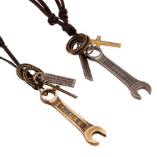 Summer Style Pendant Necklace Trendy Male zinc alloy pendant Cross Wrench tool leather Necklace For Men Bronze Fine Jewelry