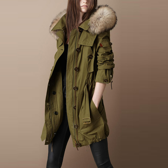 2015 Women's Coat Long Jacket Detachable Wool Liner Coat Parka Army Green Real Fur Collar Padded Windbreaker Hood Free Shipping