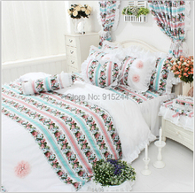 rose flower ruffle bedding set free shipping cotton palace lace bedskirt wedding duvet cover set LUXURY princess round bed rug