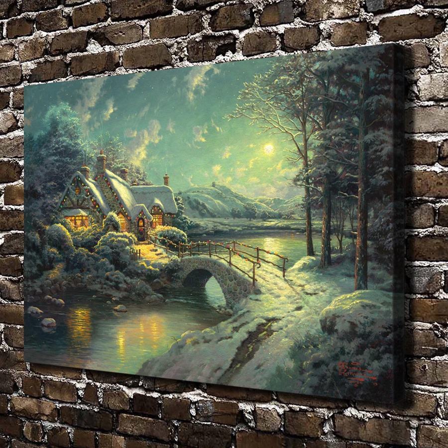 H1259 Thomas Kinkade Christmas Moonlight Scenery,HD Canvas Print Home decoration Living Room Bedroom Wall pictures Art painting