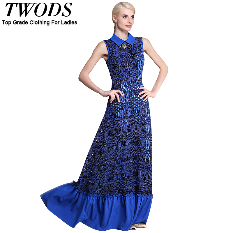 Twods Vintage Lace Collared Floor Length Gown Dress Royal Blue Slim Fit Expansion Bottom Maxi Dresses xxxl Vestido Longo Azul DF