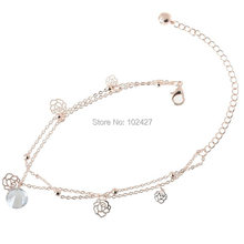 1X Sexy Crystal Double Layer Gold Plated Anklets for Women Hollow Rose Flower Ankle Bracelet Barefoot