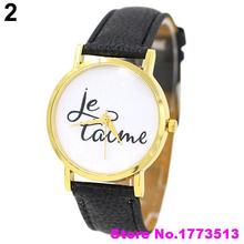 Estilo de moda reloj mujeres hombres de Je T’aime pareja amante de imitación de cuero del análogo de cuarzo WatchPopular producto 4KP5