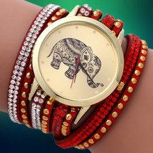 New 2015 Fashion Quartz Wristwatches DIY Korea Cashmere Women Rhinestone Watch Elephant Pattern Gold Plated Bracelets