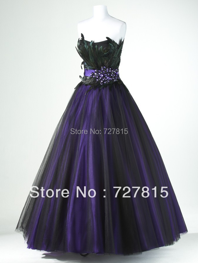 Peacock Gothic Victorian Prom Dresses Fast Shipping Purple Stain and Black Tulle Strapless