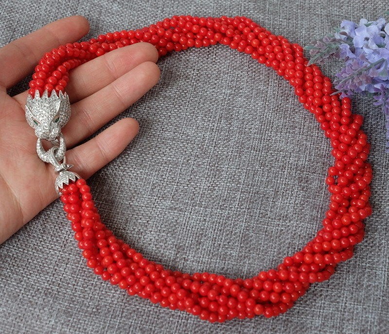 fashion-8strds-Red-Coral-Round-necklace-zircon-clasp