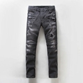 Mens Black Skinny Biker jeans Black Ripped Jeans For Men Distressed Slim Jeans Large Size 38