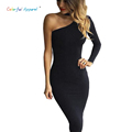 Colorful Apparel 2016 Autumn One Shoulder Irregular Sexy Party Club Dresses Midi Black White Red Elegant