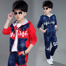 2016 New Arrival Big Boys Children Clothing Set ( Jackets +Pants ) Denim Patchwork Outerwear Hooded Coats Kids Zipper Sport Suit