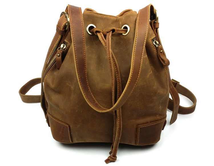 Vintage Fashion Casual 100% Genuine Crazy Horse Leather Cowhide Women Backpack Backpacks Drawstring Bucket Bag Bags For Ladies