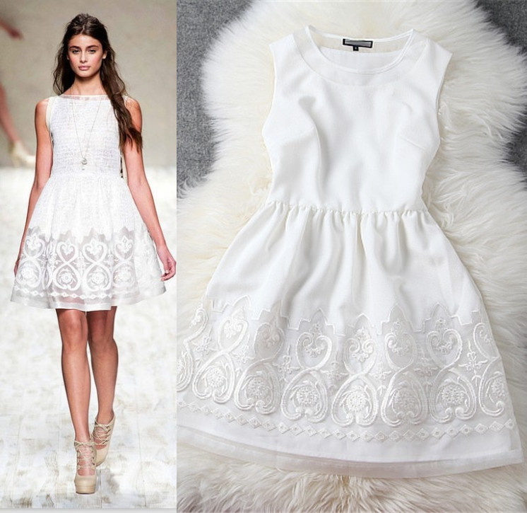 2014 New Spring Summer Women Runway Organza Embroidery knee-length Dress,Black/White European Style Star Celebrity Dresses