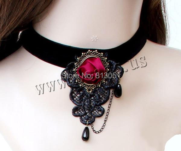 Free shipping!!!Gothic Necklace,Top Selling, Satin Ribbon, with Lace & Plastic & Zinc Alloy, with 1.5Inch extender chain