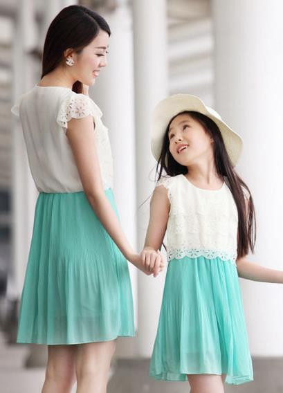 2015 Summer Matching Mother Daughter Clothes Puff Sleeve Mother Daughter Dresses Patchwork Family Matching Outfits Chiffon Dress4