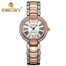 Diamond Roman Numerals Gold Quartz Kingsky Watch Dress 2015 Fashion Casual Alloy Lady Two Tone Classic