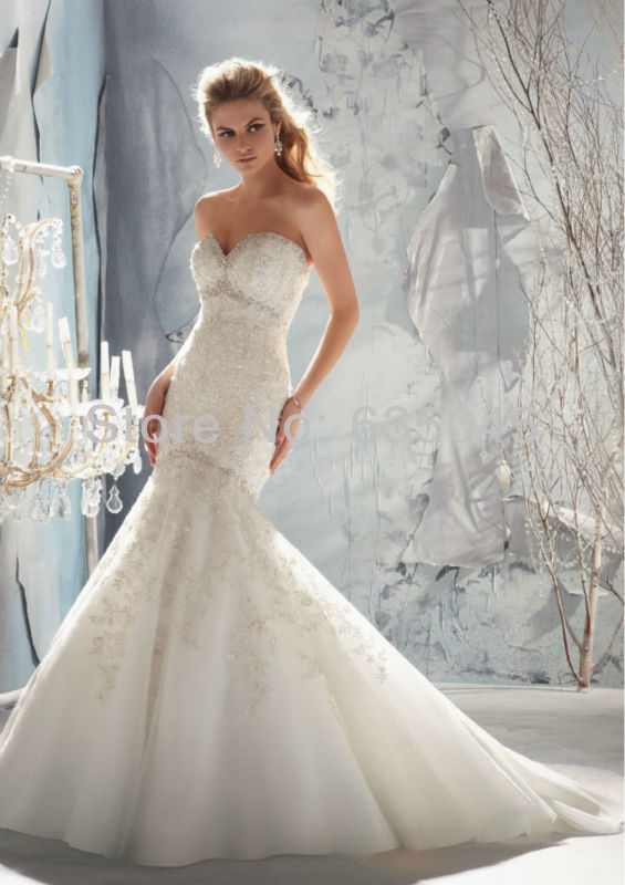 New Custom Made Vestido De Noiva Satin Organza Lace Applique Beading Strapless Romantic Mermaid Wedding Dress