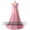 Real Samples Pink V Neck Prom Dresses With Long Sleeves Luxurious Beading Crystal Formal Party Gowns