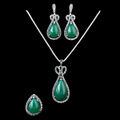 Vintage Jewelry Black Crystal And Green Water Drop Necklace Earrings Ring Set Antique Silver Plated Jewellery