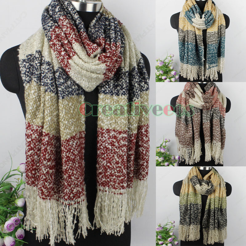 Man s Women s Unisex Winter Warm Soft Mohair Knitted Stripes Long Scarf Wrap Tassel Shawl