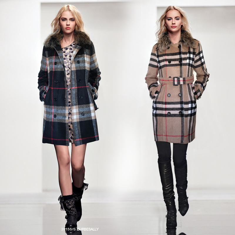 Europe Fashion 2015 Winter New Classic Style Fur Collar Long Sleeve Double Pocket Plaid Print Slim British Style Trench Coat